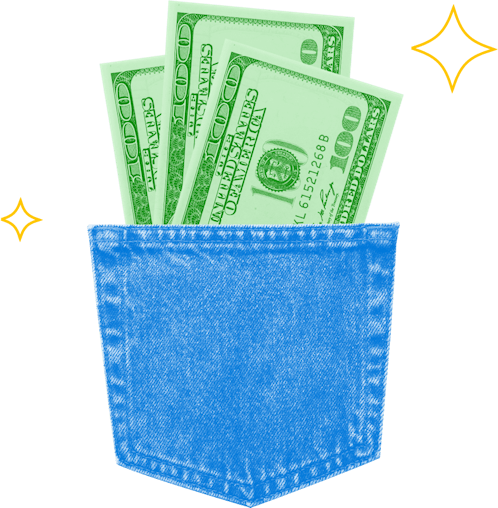 Picture of 100 dollar bills in a denim pocket